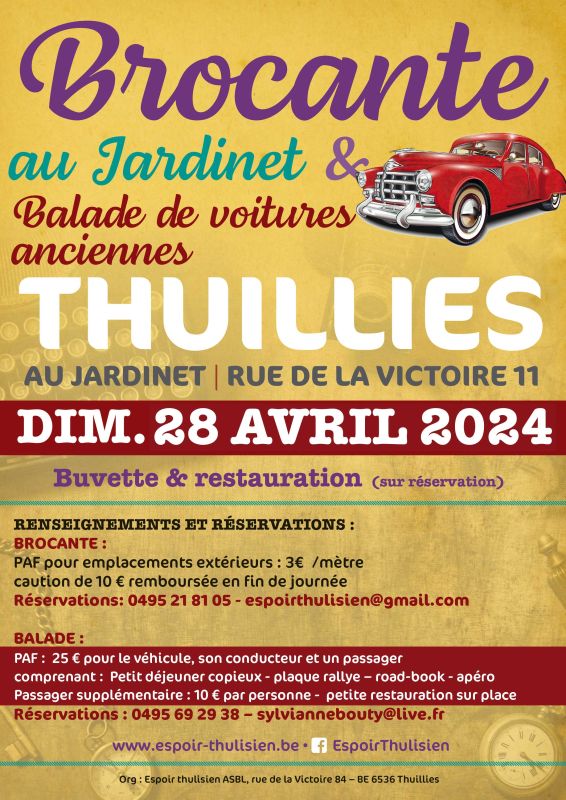 affiche deBrocante au jardinet & Balade de voitures anciennes